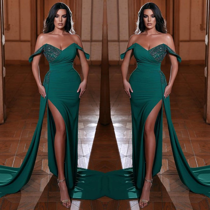 Off-The-Shoulder V-Neck Mermaid Evening Dress With Ruffles Split in Emerald Green
