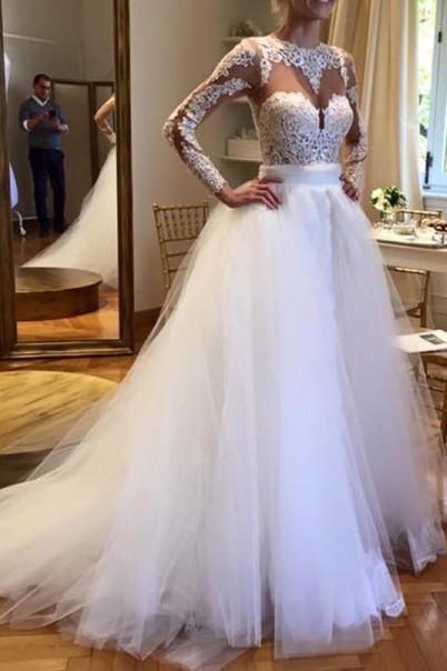 Bmbride White Tulle Crew Neck Sheer Long Sleeve Lace Wedding Dress