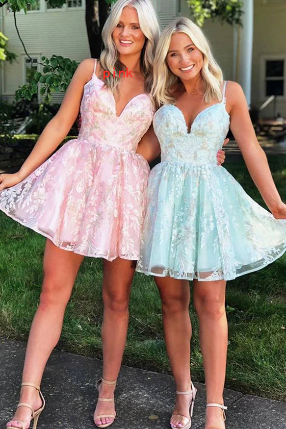 Koscy A-line Spaghetti Straps Short Lace Homecoming Dress