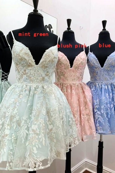 Koscy A-line Spaghetti Straps Short Lace Homecoming Dress