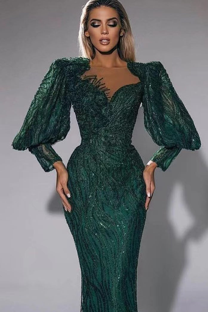 Sweetheart Long Sleeves Mermaid Evening Dress in Dark Green with Sequins