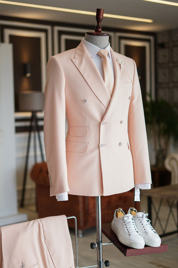 Koscy Casual Double-Breasted Pink Reception Suit with Peaked Lapel for Prom