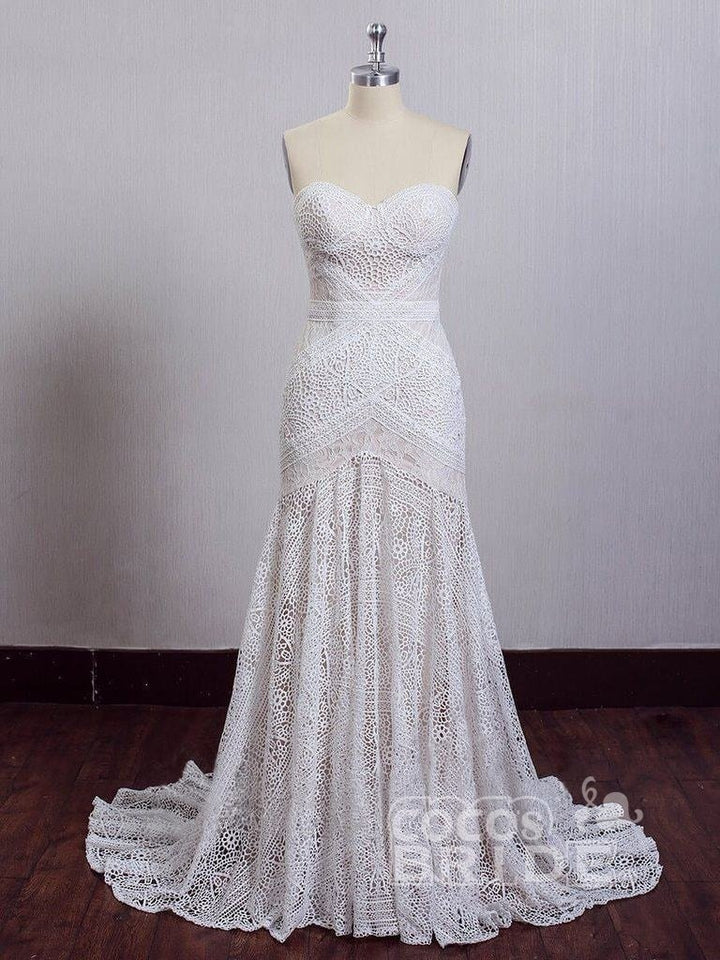 Bmbride Ivory Lace Beach Wedding Dresses Sweetheart Neck Rustic Boho Wedding Dresses