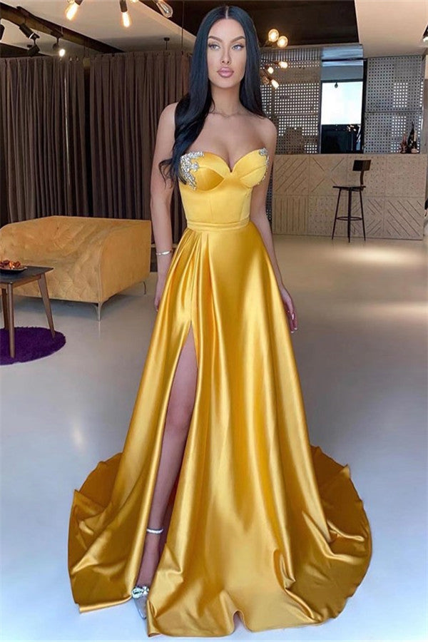 Yellow Sweetheart Mermaid Prom Dress with Beading and Split