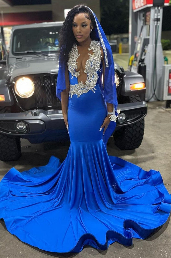 Robe de bal longue bleu royal à col en V profond et traîne sirène