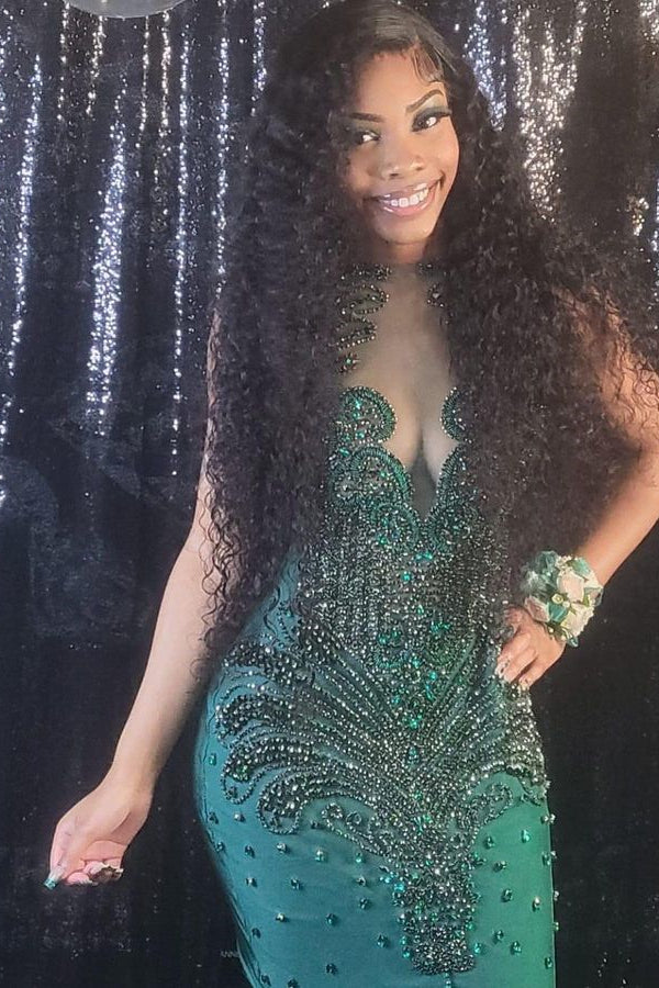 Emerald Green Evening Dress with Appliques Long Mermaid Style Rhinestone Embellishments