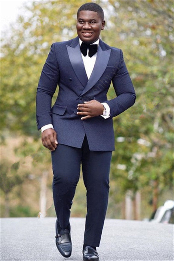 Koscy Stylish Navy Blue Silk Lapel Reception Suit, Double Slim Fit with Peaked Lapel