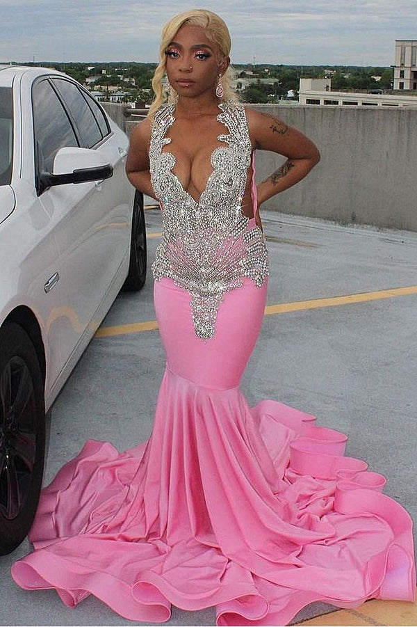 Robe de bal sirène rose élégante avec traîne et perles argentées