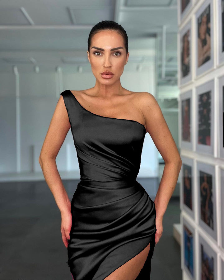 One Shoulder Sleeveless Rose Evening Dress With Slit