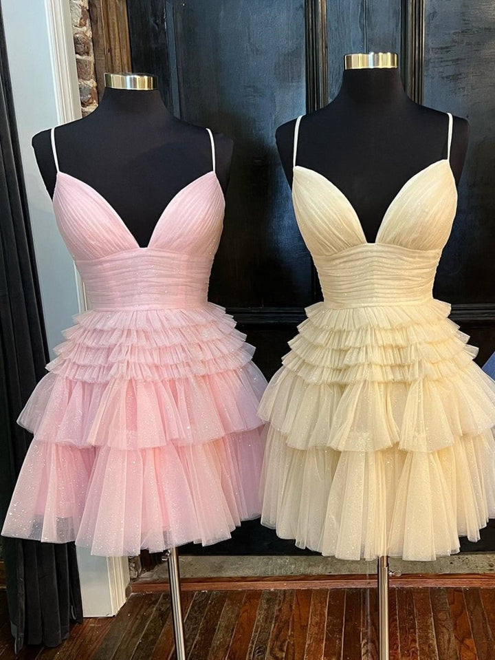 Koscy A-Line Deep V Neck Tiered Short Homecoming Dress
