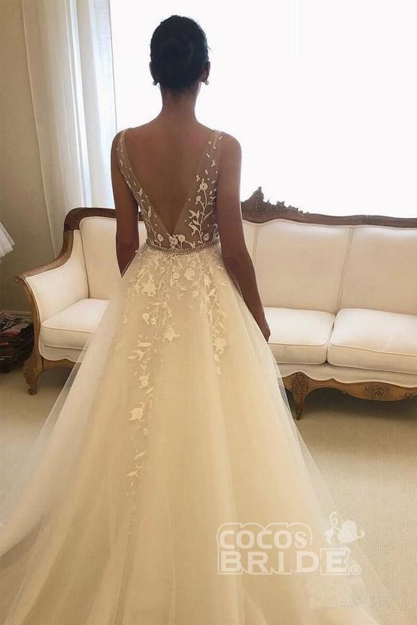 Bmbride V Neck Beach Wedding Dress with Lace Appliques
