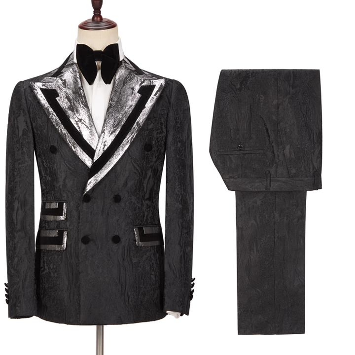 Koscy Stylish Black Double-Breasted Wedding Suit with Peaked Lapel for Groom