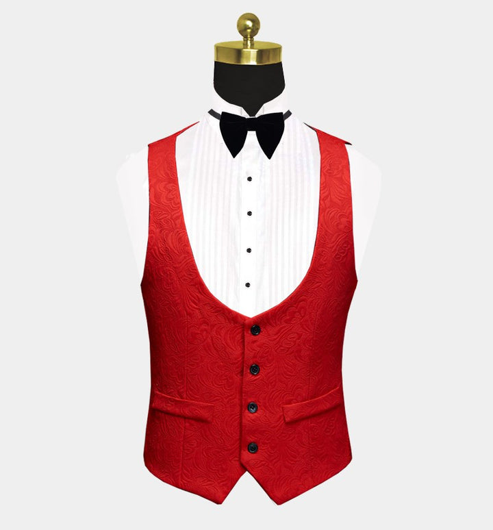 Koscy Red Floral Tuxedo - Black Lapel Three Pieces for Groom Prince Suit