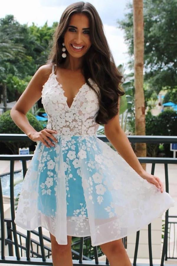 Koscy A-Line V-Neck Sky Blue Homecomig Dress with Appliques