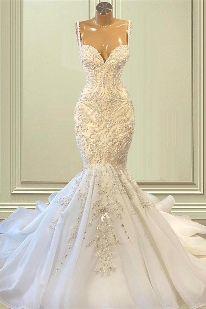 Bmbride Long Mermaid Sweetheart Wedding Dress with Spaghetti Straps Sequins and Beading
