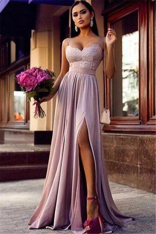 Pink Lace Prom Dress with Spaghetti-Straps