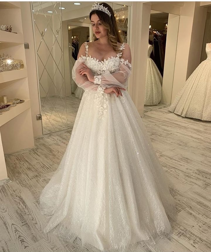 Bmbride A-line Sweetheart Spaghetti Straps Glitter Wedding Dress with Sleeves