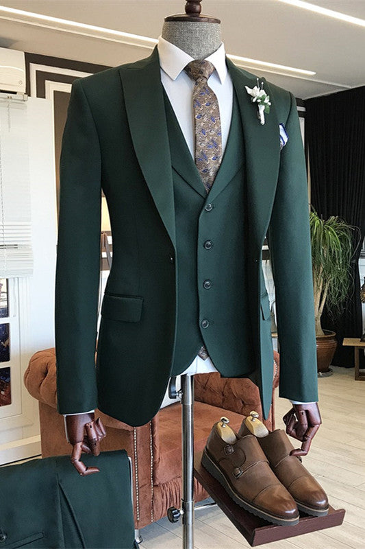 Koscy Modern Dark Green Three-Piece Dinner Suit with Peaked Lapel