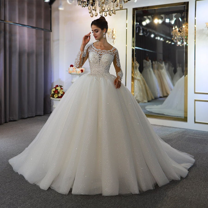 Bmbride A-Line Bateau Long Sleeve Appliques Lace Sequins Floor-length Wedding Dress