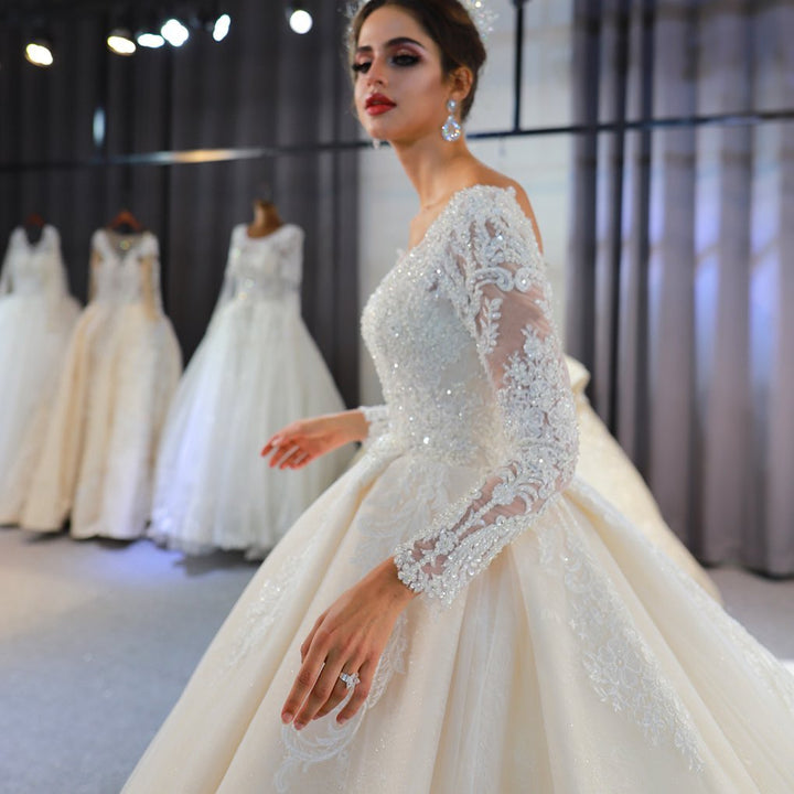 Bmbride Elegant Train A-Line Sweetheart Backless Long Sleeve Appliques Lace Sequins Bridal Gown