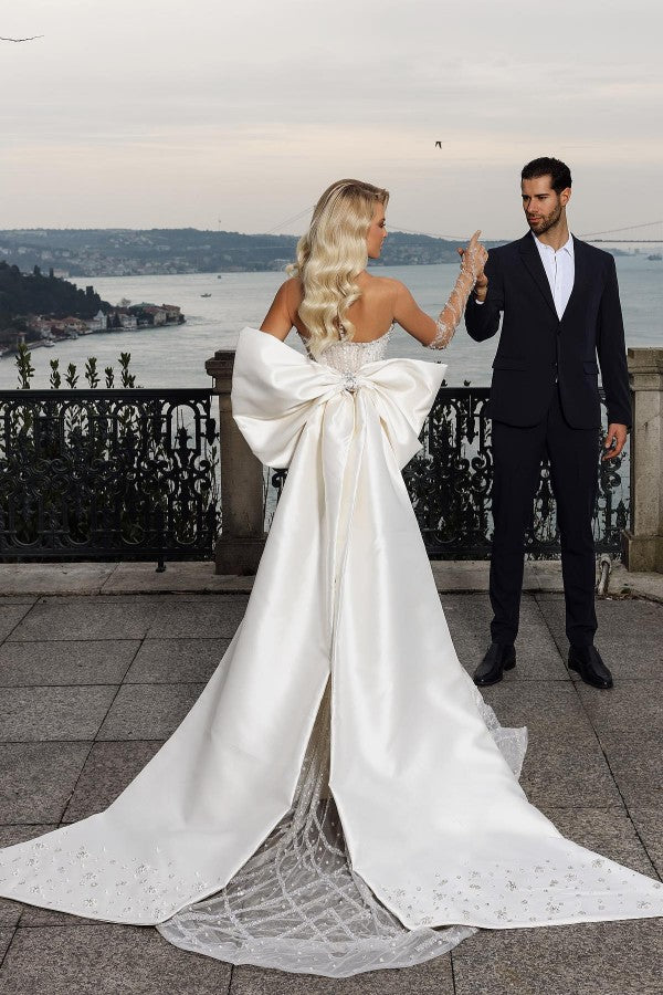 Bmbride Glitter Long Mermaid Sweetheart Satin Lace Wedding Dresses