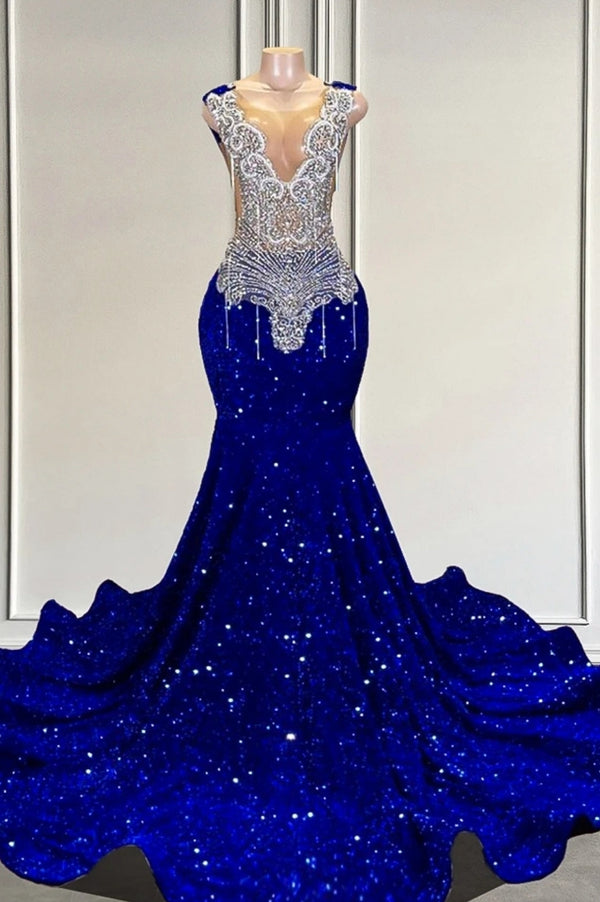 Robe de bal sirène longue à col en V et paillettes bleu royal avec perles argentées