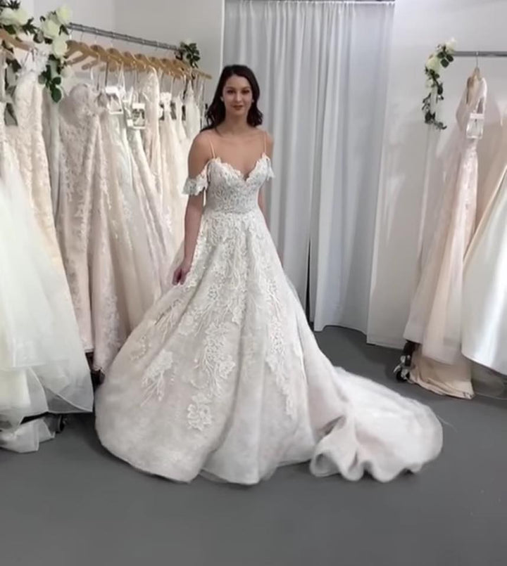 Bmbride Long A-line Spaghetti Straps Tulle Lace Backless Wedding Dress