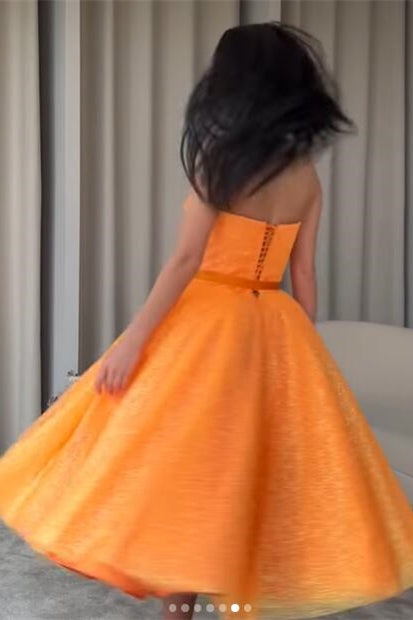 Short Evening Dress Sequins With Belt - Orange Sweetheart