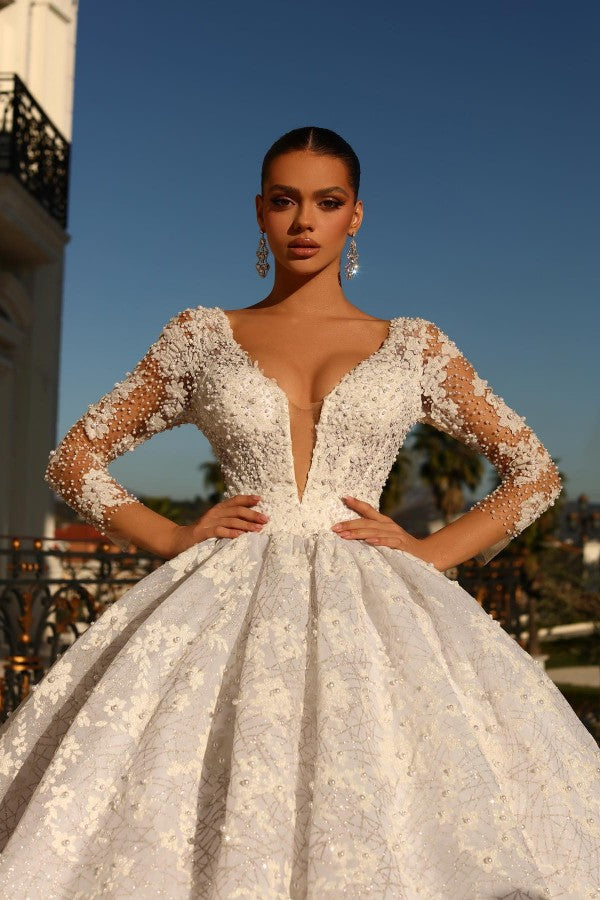 Bmbride V-neck Tulle Lace Appliques Backless Wedding Dresses with Long Sleeves