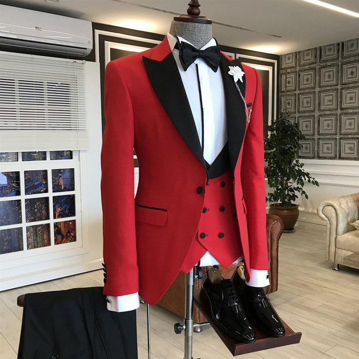 Koscy Popular Red Three-Piece Wedding Suit for Men 2024 with Black Peaked Lapel