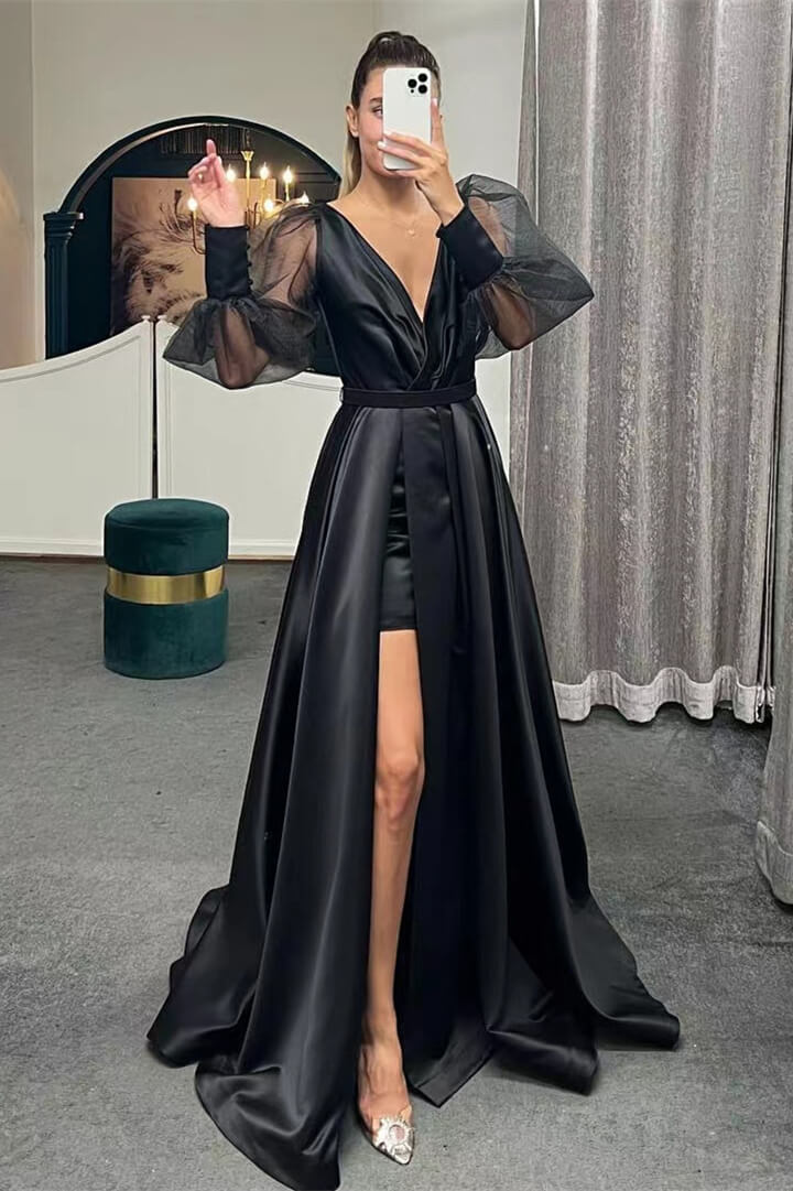 Puff Sleeves A-Line Slit Evening Dress