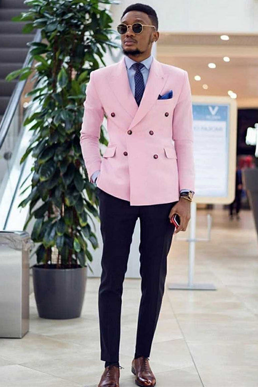 Koscy Peaked Lapel Pink Double-Breasted Wedding Suit for