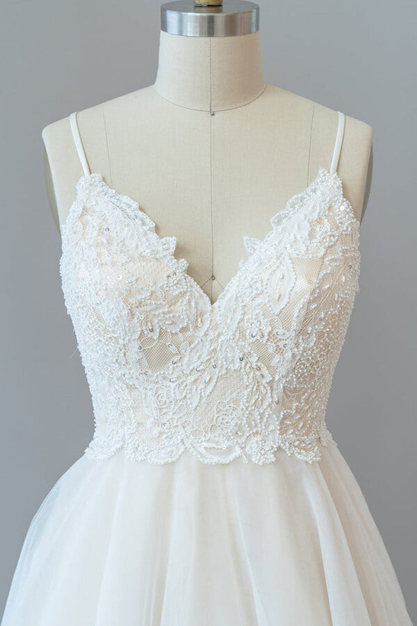 Bmbride Lace Tulle A-line Wedding Dress with Spaghetti Straps