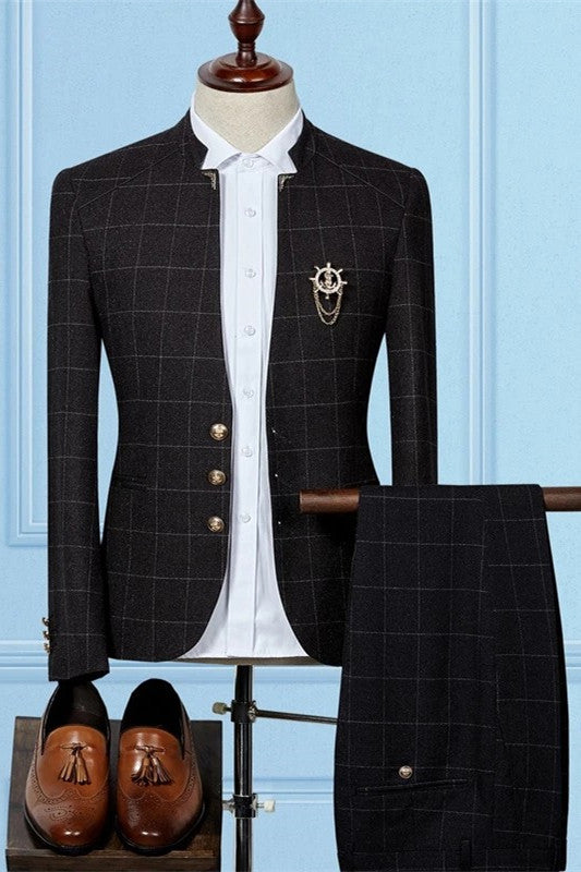 Koscy Classic Two-Piece Black Wedding Suit with Plaid for Groom and Groomsmen