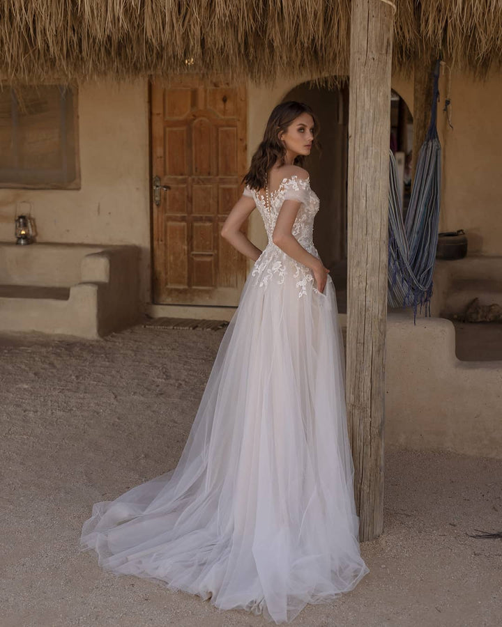 Bmbride Off-the-Shoulder Appliques Lace Tulle A-Line Prom Dress With Pockets