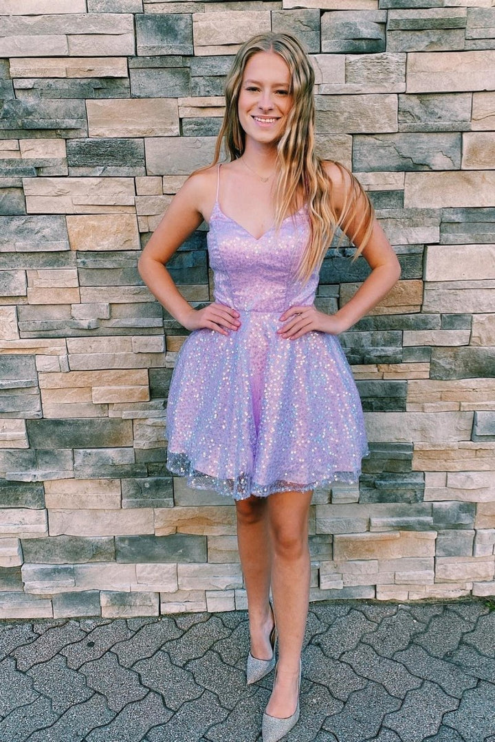 Koscy Lilac A-line Sequins Straps V Neck Homecoming Dress