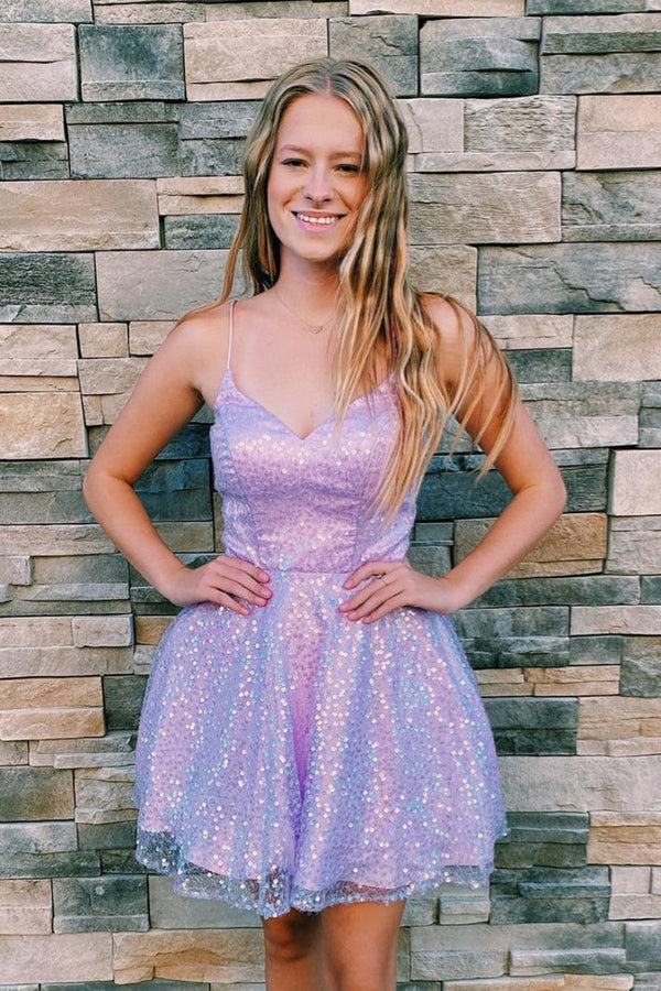 Koscy Lilac A-line Sequins Straps V Neck Homecoming Dress
