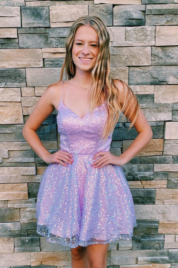 Koscy Lilac A-line Sequins Straps V Neck Homecoming Dress