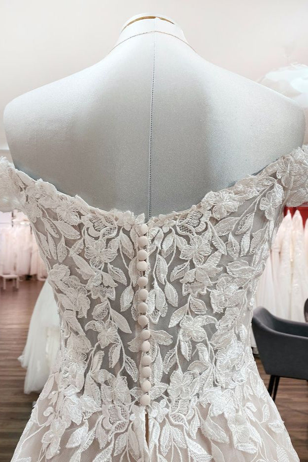 Bmbride Long A-line Off-the-Shoulder Tulle Lace Ruffles Wedding Dress