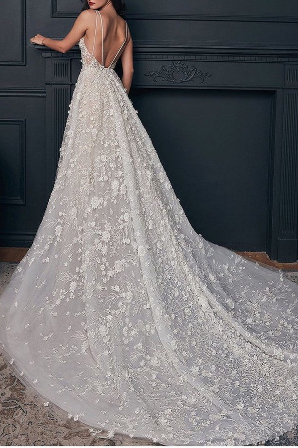 Bmbride Luxurious Long A-line V-neck Wedding Dresses with Open Back Lace and Appliques