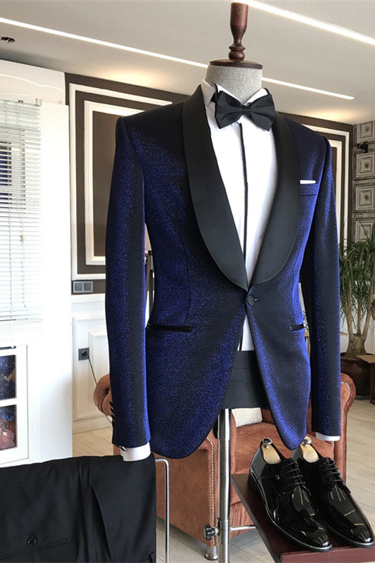 Koscy Luciano Sparkling Navy Blue Shawl Lapel Wedding Suit with Black Lapel