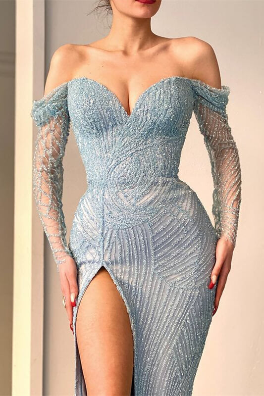 Elegant Off-The-Shoulder Mermaid Evening Dress with Long Sleeves and Sweetheart Beadings