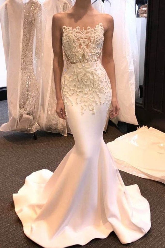 Bmbride New-In Sheer Neck Sleeveless Sweep Train Satin Mermaid Bridal Gown