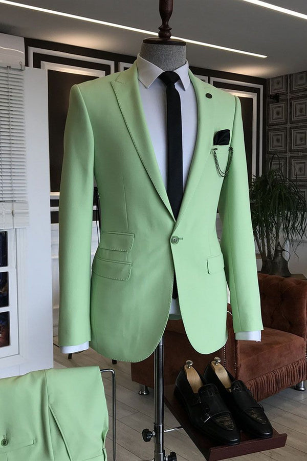 Koscy Fashionable Light Green Three-Flap Evening Suit with Peaked Lapel