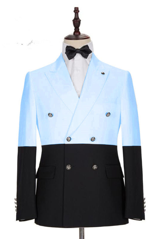 Koscy Popular Sky Blue Double-Breasted Groomsmen Tuxedo with Peaked Lapel