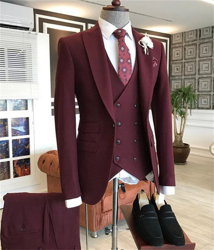Koscy Modern Burgundy Three-Piece Groom Suit with Peaked Lapel for Prom