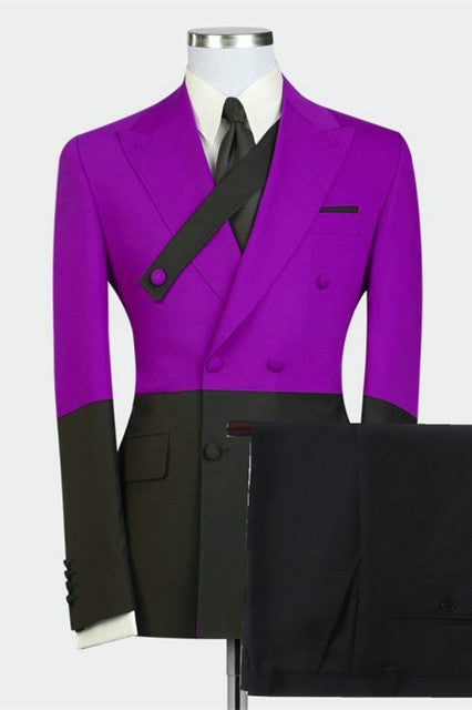 Koscy Stylish Purple Wedding Tuxedo with Double Breasted Gentle and Peaked Lapel