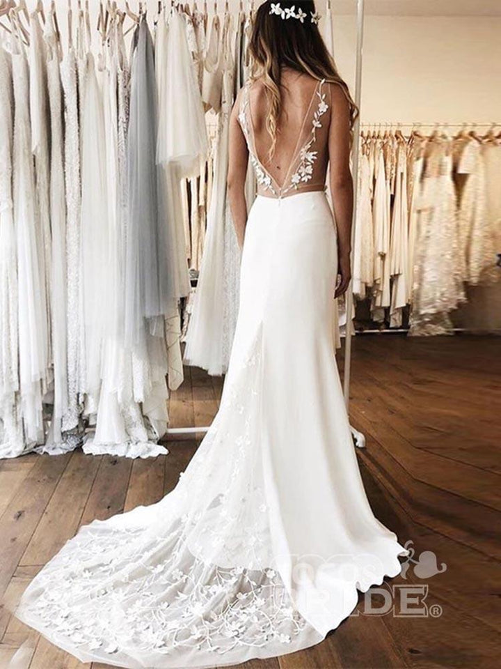 Bmbride Gorgeous V-neck Lace Backless Mermaid Wedding Dresses
