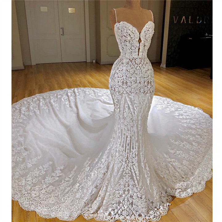 Bmbride Stylish Spaghetti Straps Lace Mermaid Wedding Dress With Cathedral Train