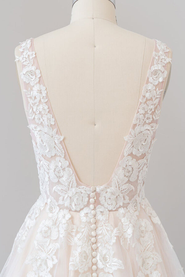 Bmbride Floor length Wedding Dress with V-neck Appliques in Tulle